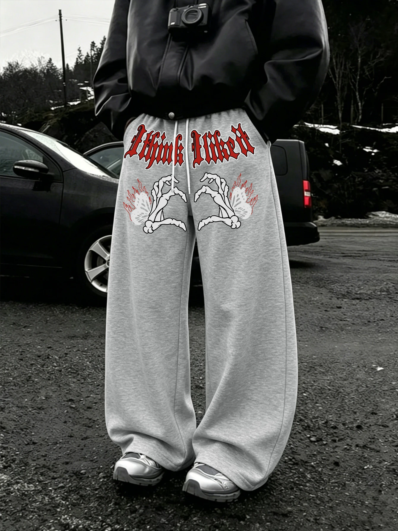 :Men Wide Leg Skeleton Hand Butterfly Sweatpants 100% Polyester Red Gothic Print Baggy Y2K Drawstring Casual Jogger Pants