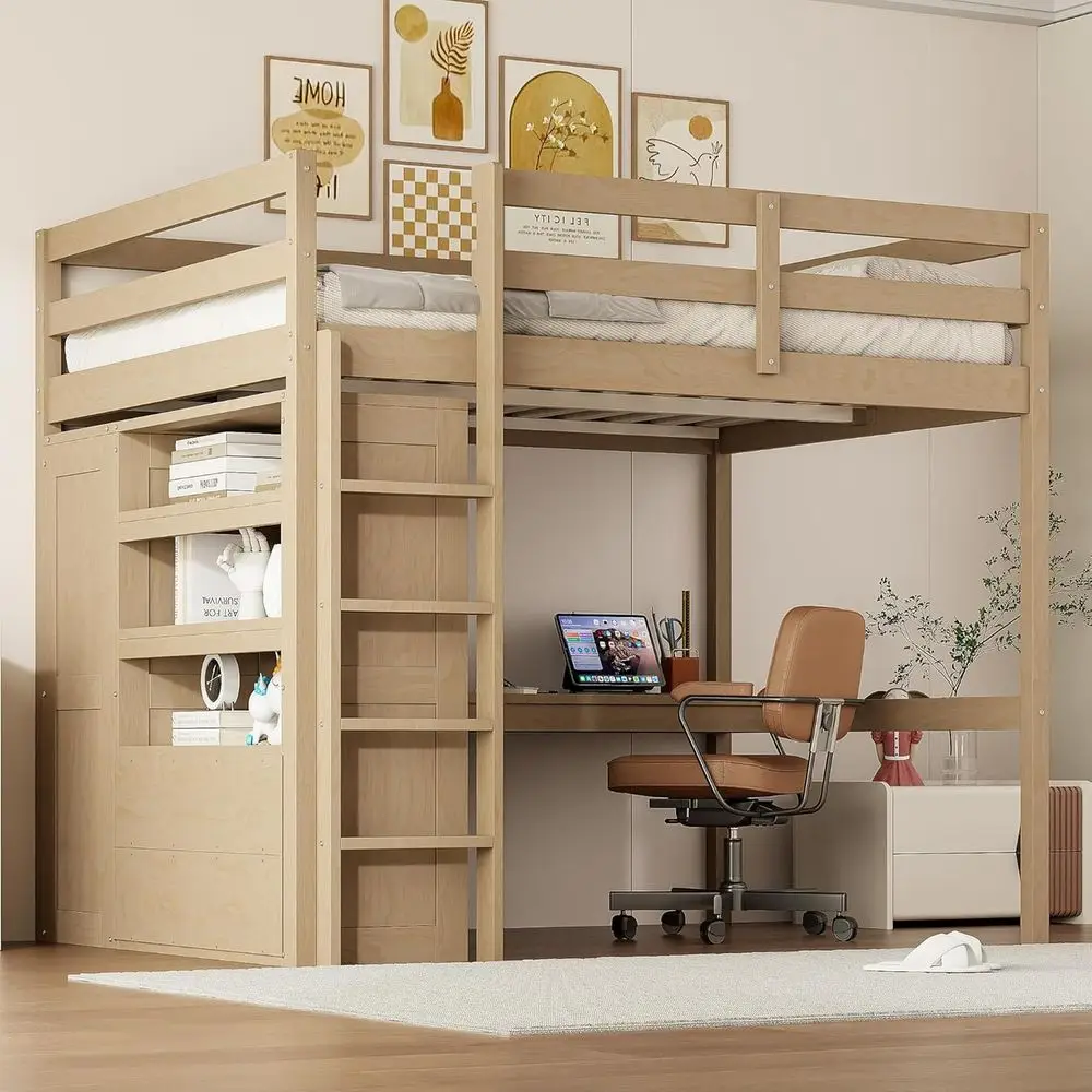 

Full Size Wooden Bunk Bed with Desk, Wardrobe, and Storage Shelves in Walnut Finish
