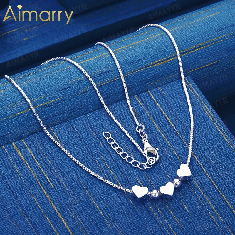 925 Sterling Silver Three Heart Round Bead Collarbone Necklace 18 Inches Women's Banquet Engagement Wedding Fashion Jewelry