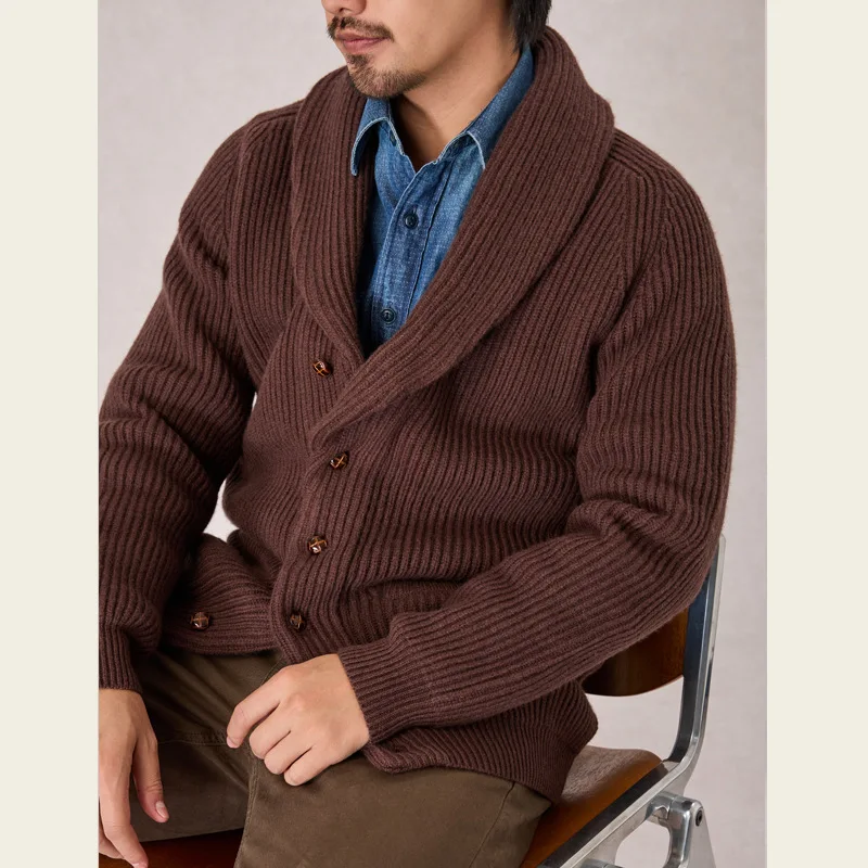 93% Woolen Men's Thick Knit Cardigan Sweater Coat Lapel Shawl-Collar Cable-Knit Vintage Button-Up Outerwear Fall/Winter Jackets