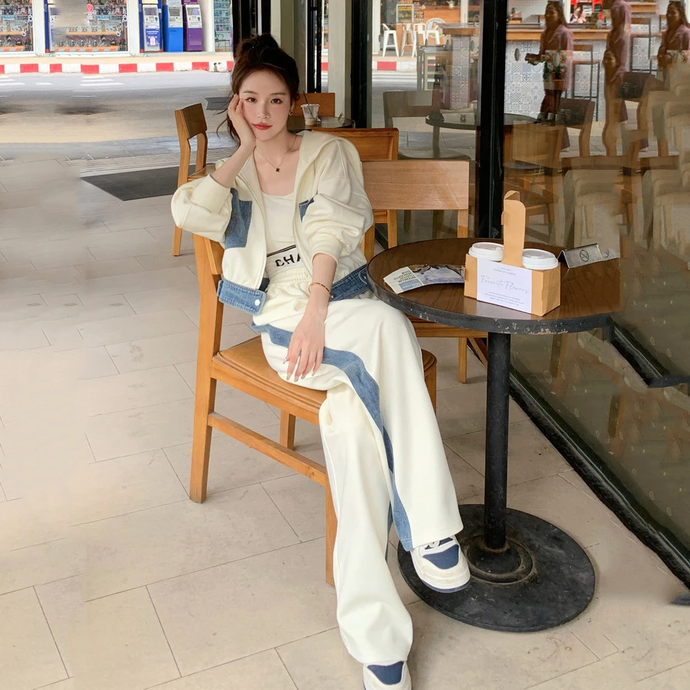 Casual Trousers Sports Suit Women\'s Spring/Autumn Fashion Color Contrast Hoodie Jacket + High Waist Wide Leg Pants Two Piece Set