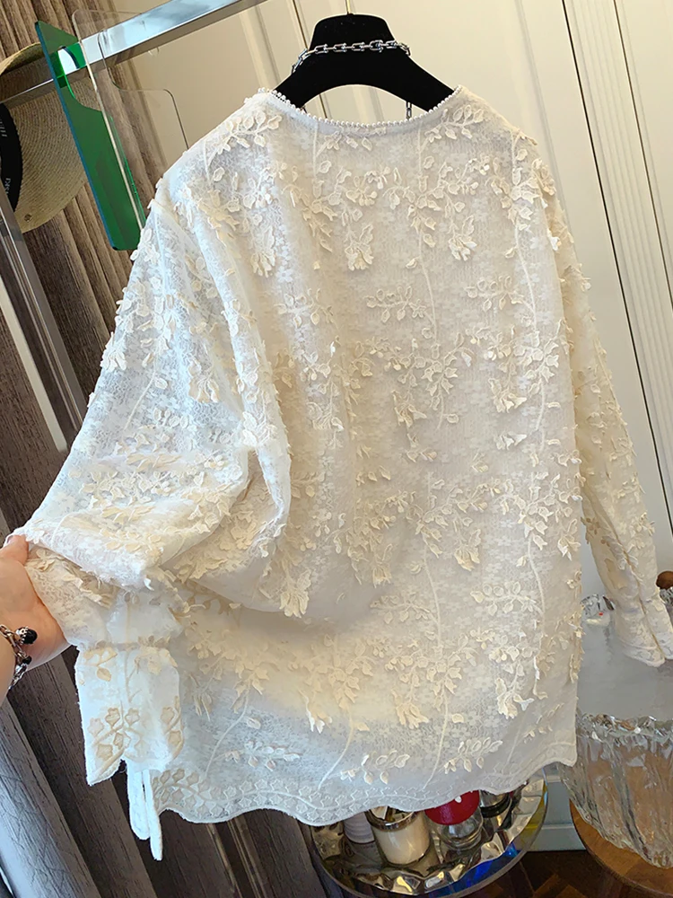 Retro Pearl Lace irt Damen Loose Long Sve Base Top Frühling 2025, luxuriöses Design, Pendler-Sle, rund, normale Länge