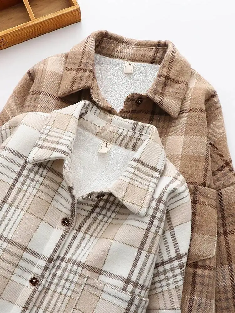 Blusas a cuadros gruesas Veet para mujer, camisas cálidas de otoño e invierno, Tops informales holgados con una botonadura, Tops Vintage de manga larga con bolsillo