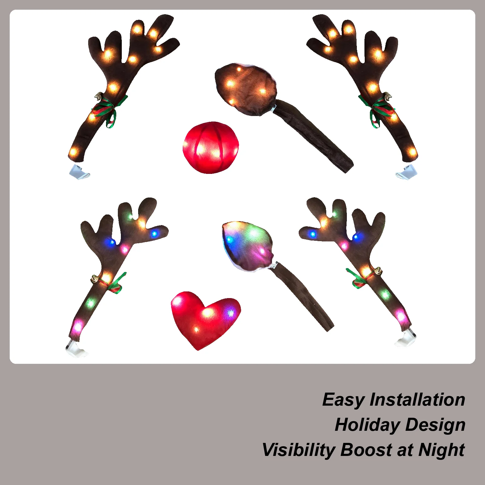 

Christmas Reindeer Antlers Car Kit Festive Costume With LED Lights Reindeer Car Kit For Holiday Van Party Seasonal Celebration