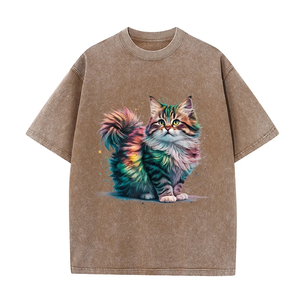 Cat Men Women Colourful Watercolour T-Shirt Men's Muscle Fit Short Sleeve Funny Shirt Plus Size Cute Print 100 Cotton T Pet