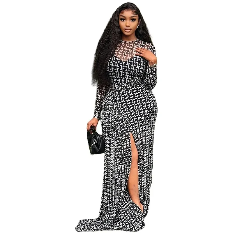 

Women's Turtleneck Long Sleeve Waistband Ribbons Decoration Hips Wrapped Split Long Dress, Slight Perspective