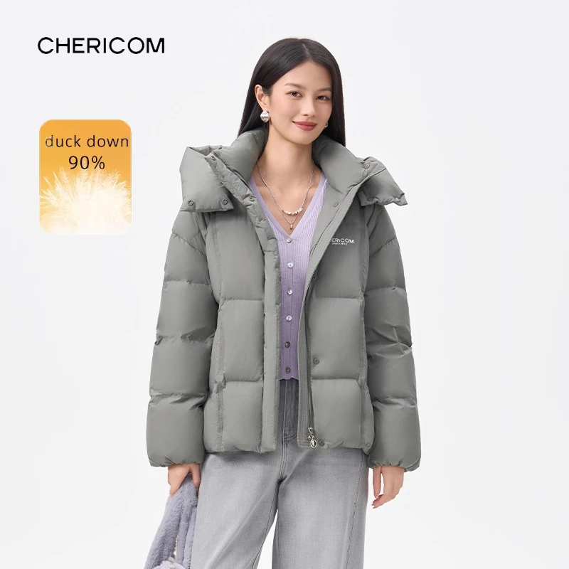 Chericom 여성용 패딩 재킷 탈부착 가능한 후드 스탠드 칼라 사선 포켓 겨울 다운 재킷 신축성 방풍 코트 Y318188Y