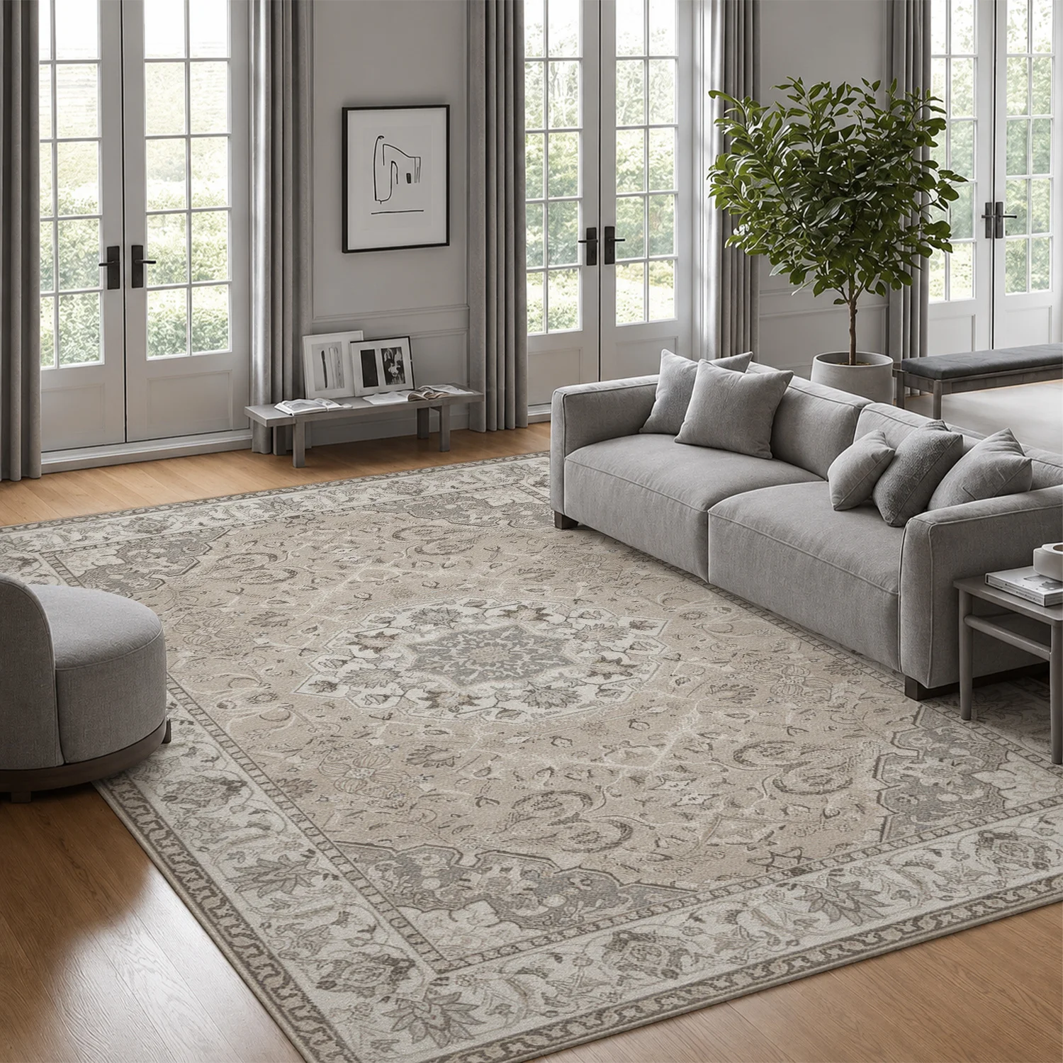 Alfombra grande para interiores, de terciopelo suave y pelo corto, con base antideslizante de puntos, lavable a máquina, alfombra persa vintage con diseño de medallón en tonos neutros de gris y beige, ideal para la sala de estar, el dormitorio y la decoración del hogar.