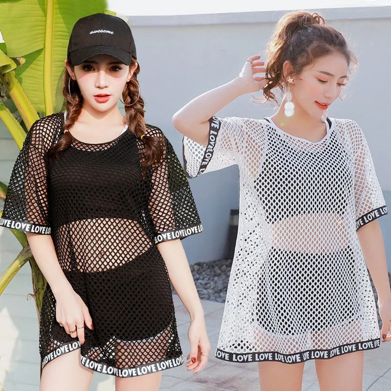 

Women's Split Sports Bikini Three-piece Set, Modest Square Leg Swimwear, Tummy Control Slimming Mesh Swimsuit for Teen Girls