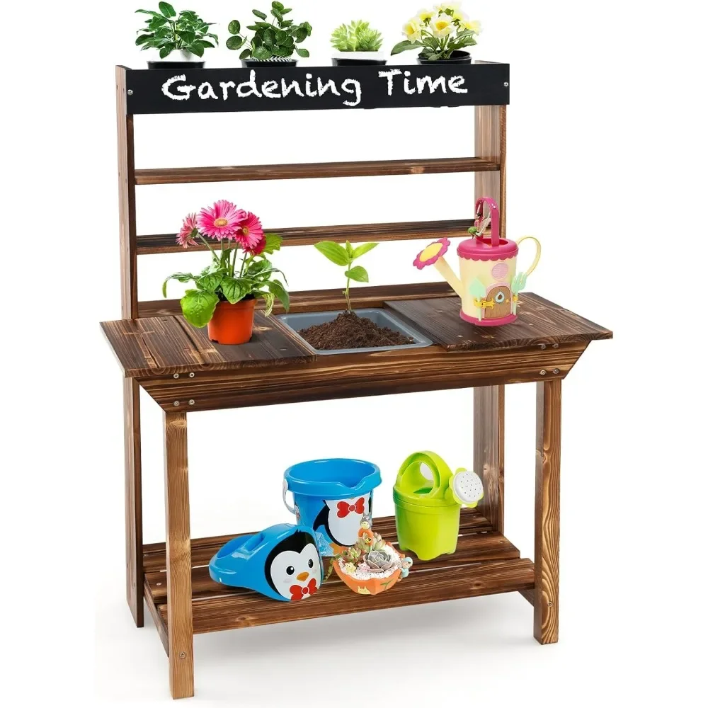 

Wood Kids Potting Bench Table, Removable Sink, Planting Cups, Chalkboard, Outdoor Play Kitchen for Toddlers