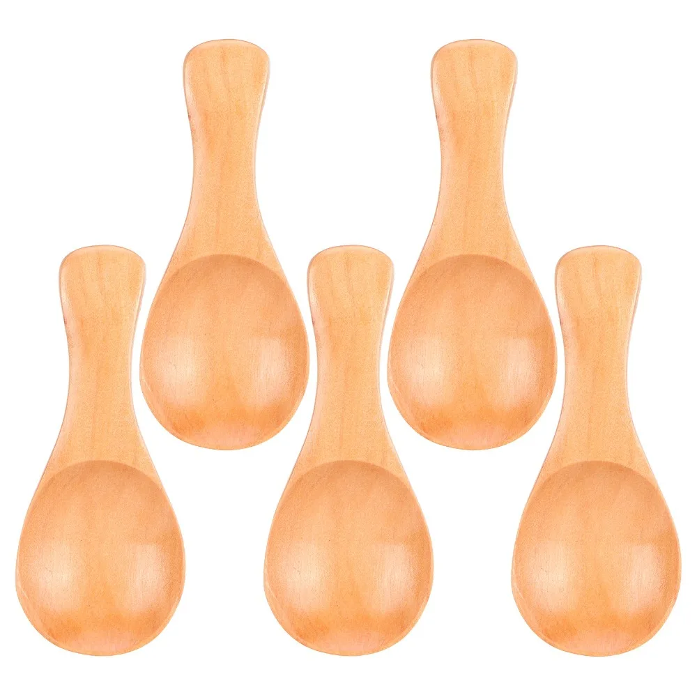 5Pcs Lightweight Wood Wooden Spoon Short Handle Solid Mini Spoon Smooth Polished Small Round Spoon Head Teaspoon Scoop Kitchen