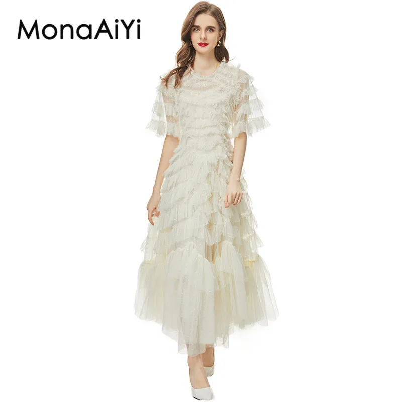 

MonaAiYi New Fashion Runway Designer Women's Summer Short Sleeved Layered Ruffle Edge White Retro Elegant Slim Fit Dress