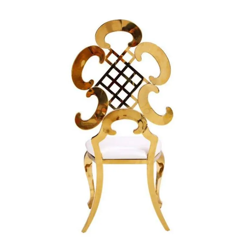 Highend Wedding Banquet Chair, Rose Gold Stainless Steel Frame, Flower Cross Backrest Design, Pink Cushion