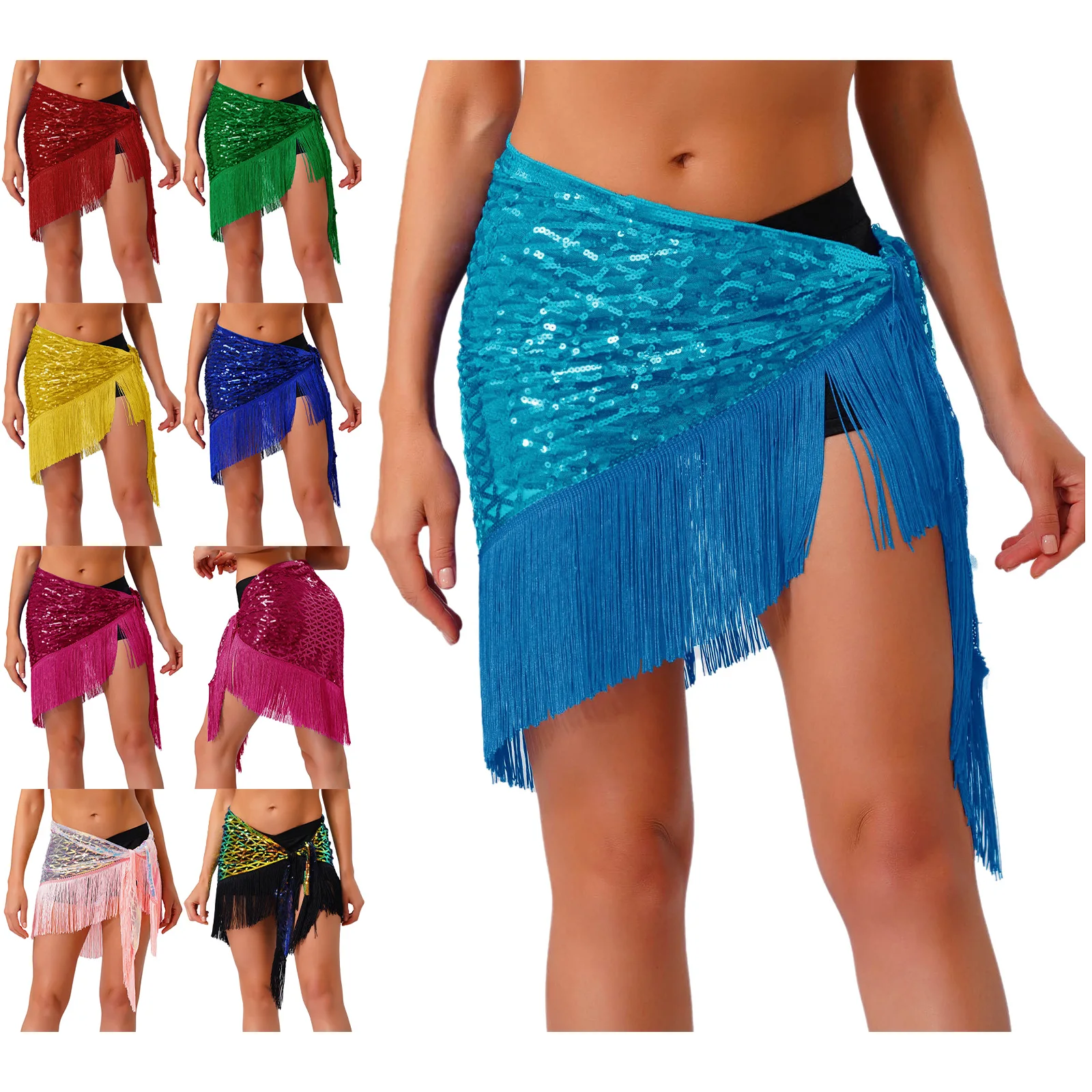 Frauen Pailletten Bauchtanz Hüfttuch Glitzer Quaste Fransen Dreieck Schnürrock Taillenkette für Latin Flamenco Spanischer Tanz
