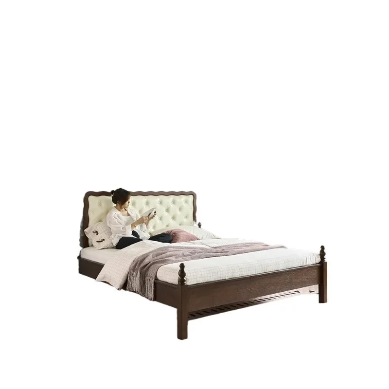 French retro solid wood bed 1.8 meters double  master bedroom antique soft pull-up
