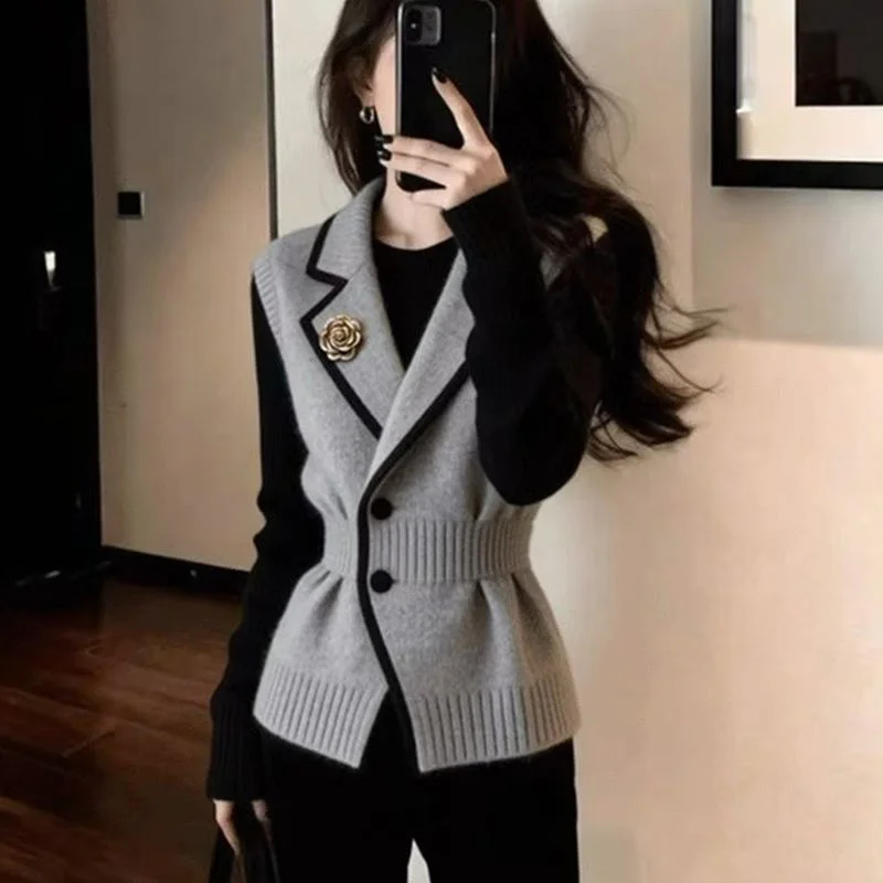 Grey Knitted Sweater Vest Women Spring Autumn Winter New Style Small Fragrant V-neck Slim Solid Color Cardigan Coat Jacket Tops