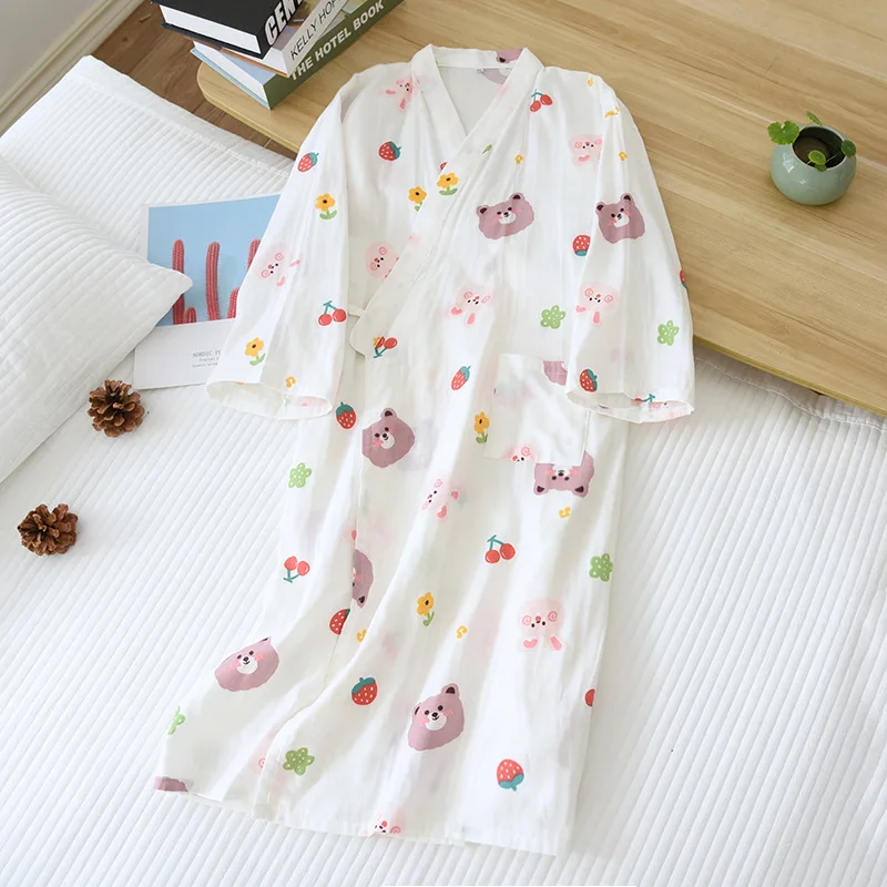 Rabbit Kimono Summe Sleeping Skirt Pajamas Robe 100% Cotton Gauze V-neck Simple Loose Sleepwears Nightly Pijama Home Clothing