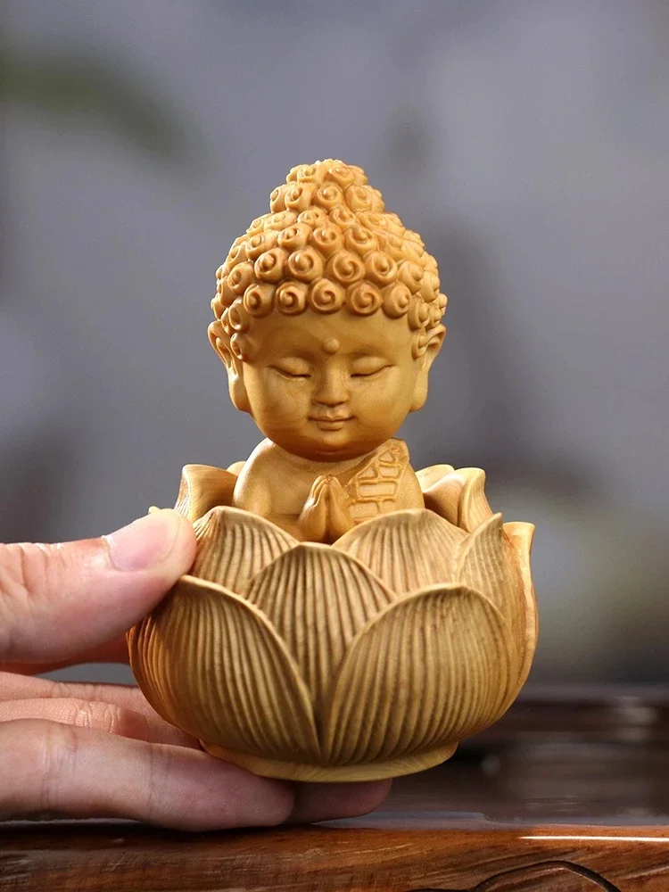 

Самшит Ремесло Китайский Детский Будда Лотос База Шакьямуни Ручная Статуя Украшение Домашний Орнамент
