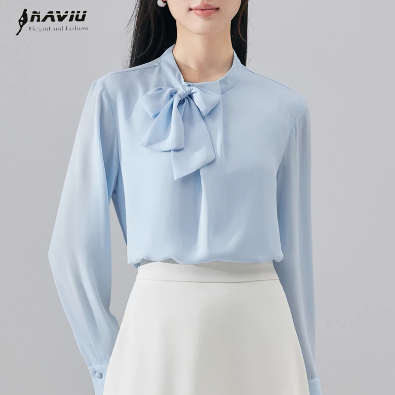 

NAVIU Elegant Bow Women Shirt New Professional Blue White Long Sleeve O Neck Chiffon Blouse Office Ladies Work Tops