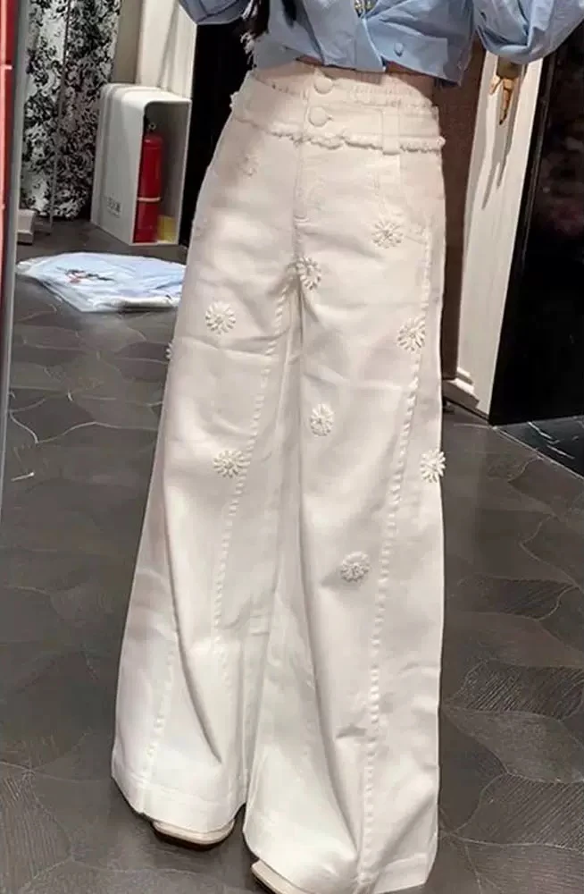 Y2k calças de perna larga femininas francês suave margarida bordado cintura alta branco perna reta jeans primavera outono novo estilo