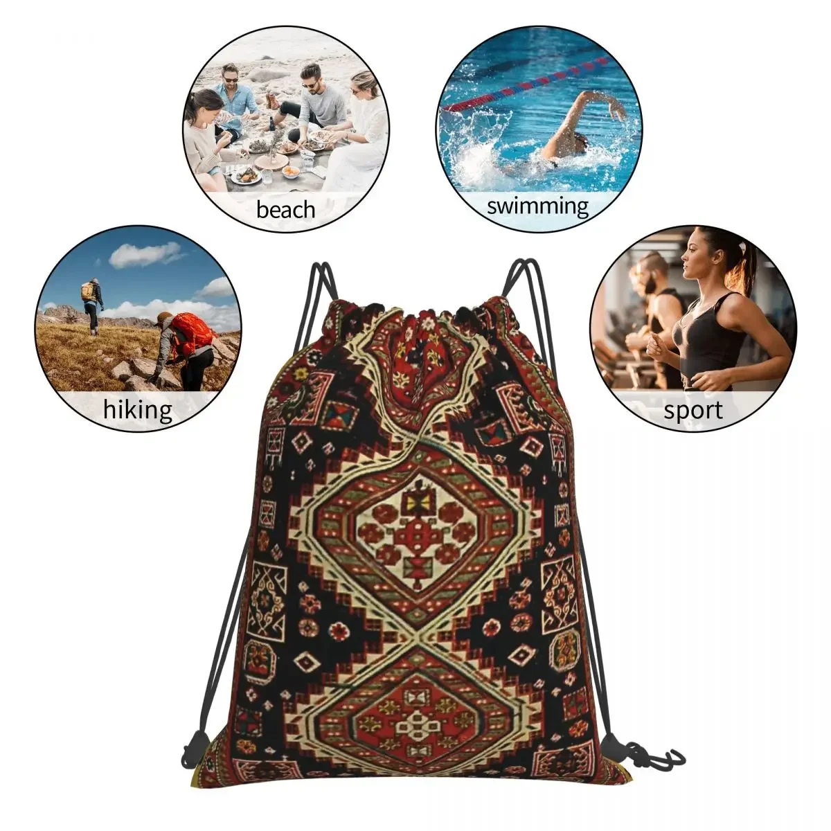 Kabristani Carpet Pattern Backpack Casual Portable Drawstring Bags Drawstring Bundle Pocket Sports Bag BookBag For Travel School