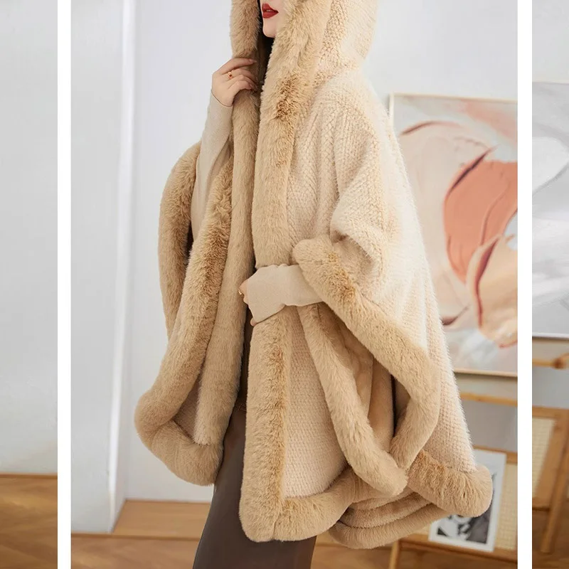 Winter New Thicken Mink Wool Full Trims Faux Fur Cape Outerwear Hood Loose Fleece Cloak Coat Women Party Dress Wraps Warm