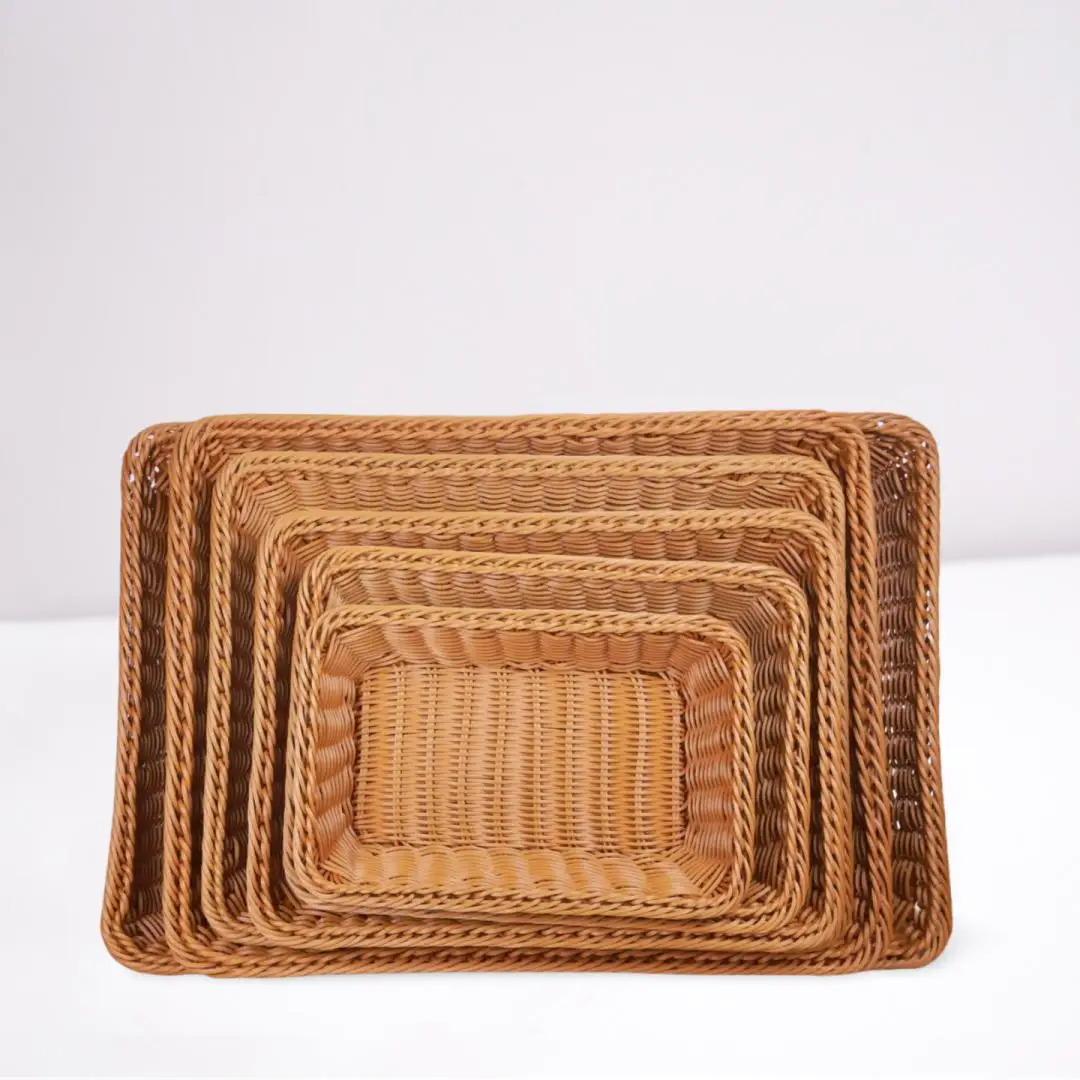 Wicker Storage Basket Handwoven Imitation Rattan Tray Bread Fruit Snack Organizer Kitchen Cafe Boho Farmhouse Home Decor Durable view 6