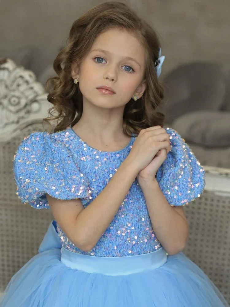 Blue Flower Girl Dresses Sequin Top Tulle Puffy Skirt With Bow Short Sleeve For Wedding Birthday Banquet First Communion Gowns