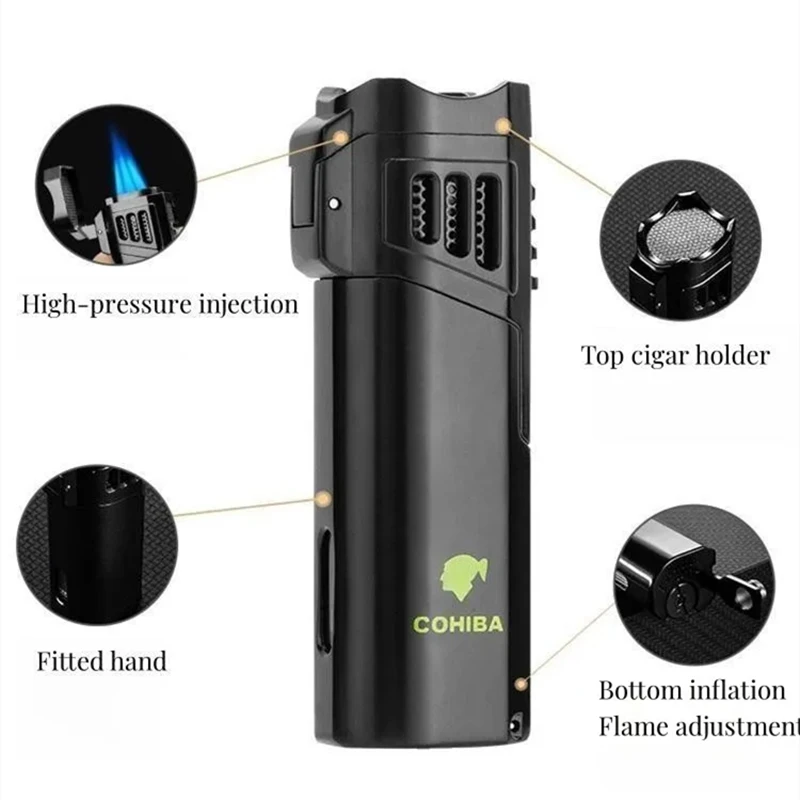 COHIBA Direct Spray Cigar Lighter Windproof Butane Torch Metal Inflatable Lighter Kitchen Barbecue Camping Cigar Tool Gift