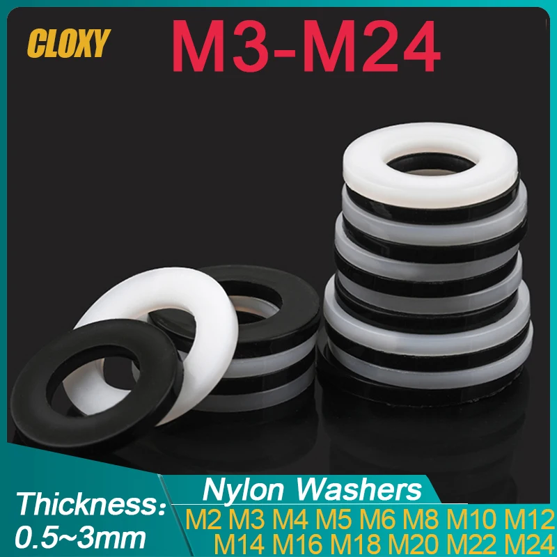 White/ Black Plastic Nylon Flat Washer Plane Spacer M2 M2.5 M3 M4 M5 M6 M8 M10 M12~ M24 Insulation Gasket Ring For Screw 0.5~3mm