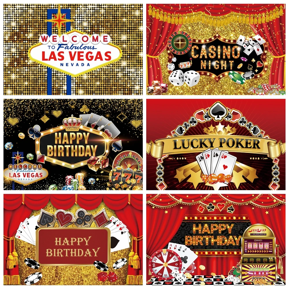 Las Vegas Casino Night Photography Backdrop Playing Card Golden Glitter Dice Casino Happy Birthday Party Photo Background ﻿Prop