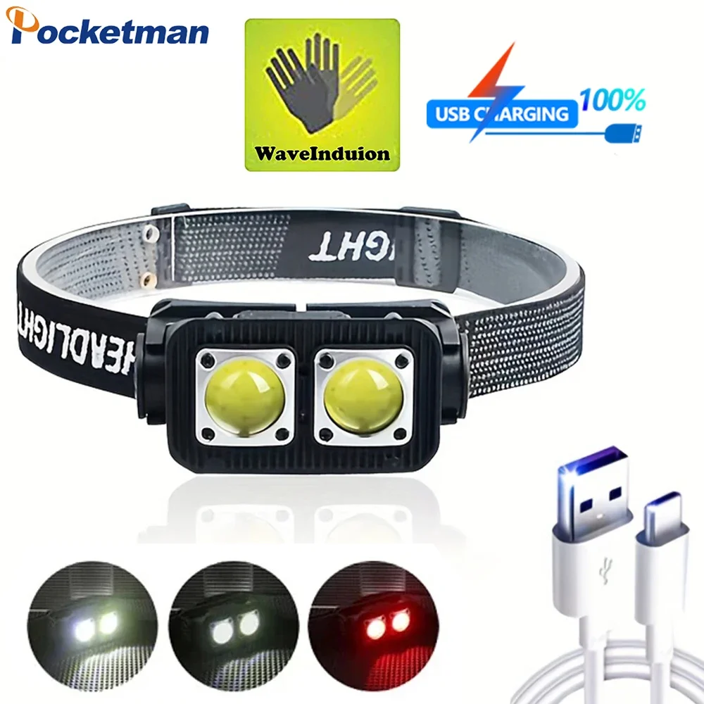 

Powerful COB LED Headlamp Intelligent Induction Headlight Red Warning Light USB Rechargeable Head Lamp Waterproof Head Light