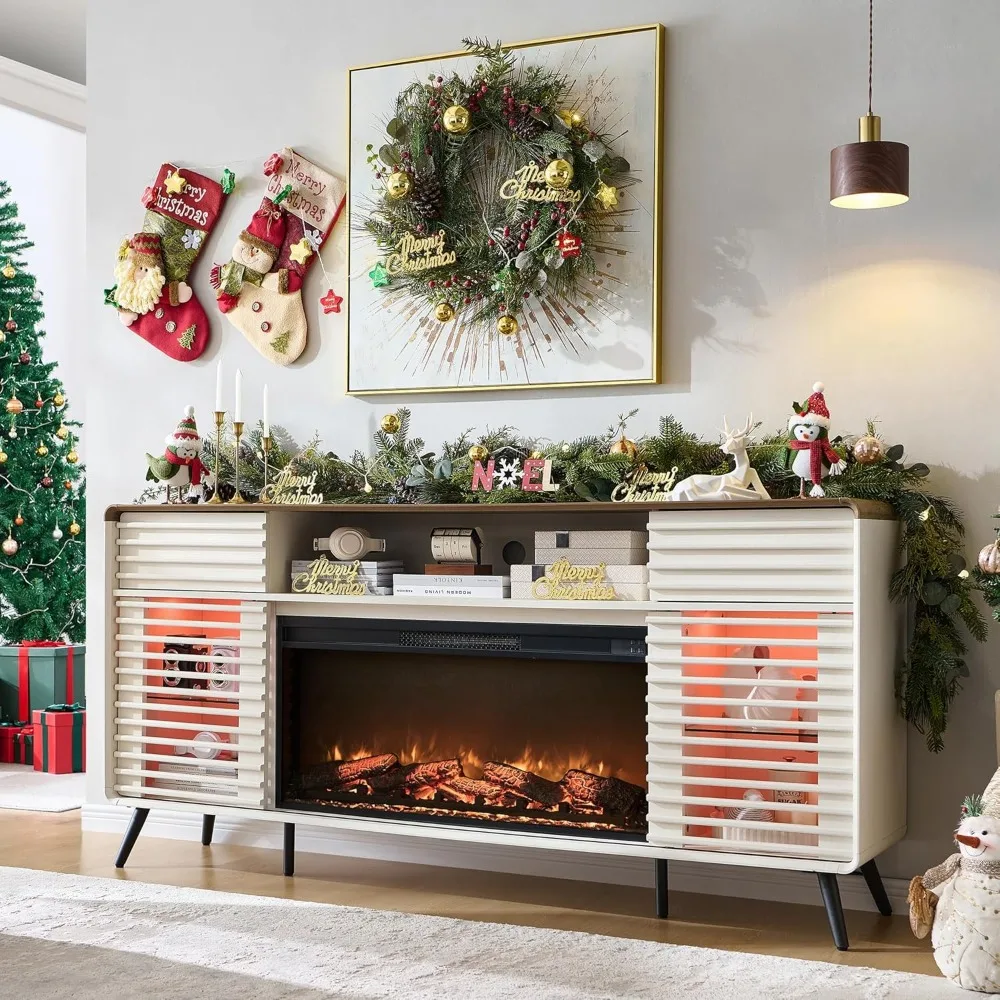 RedLemon Fireplace TV Stand for 80 Inch TV, Mid Century Modern Entertainment Center with 36 Electric Fireplace & Led Lights, Woo