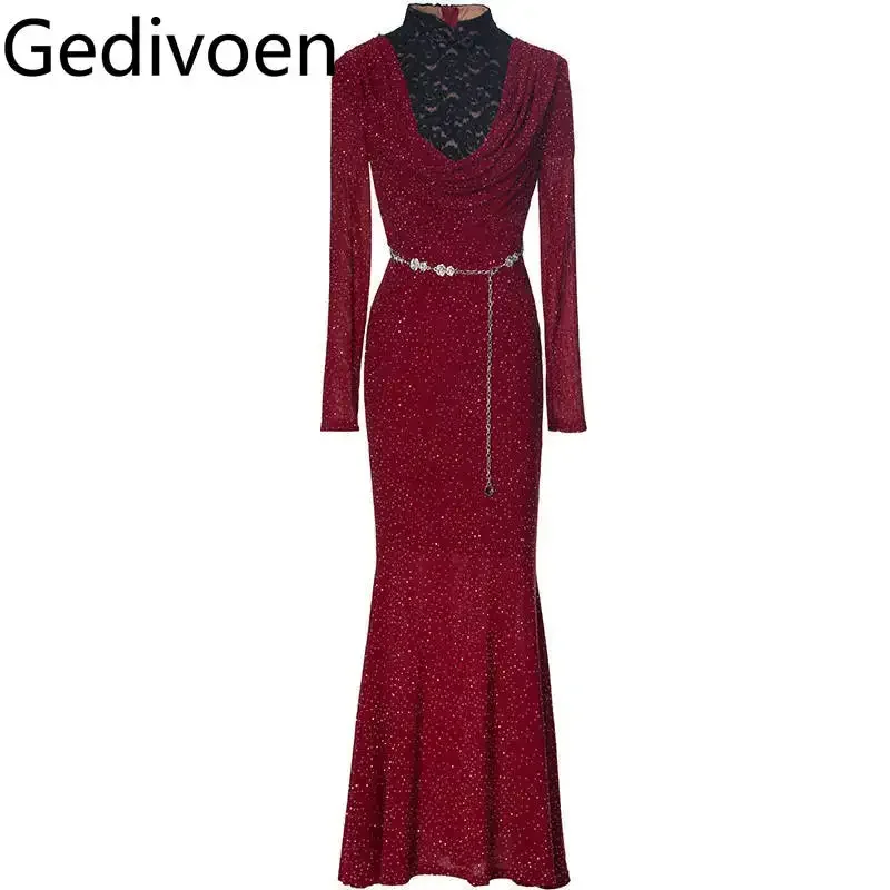 Gedivoen Fashion design Women's Dress Stand collar Long Sleeves Pretty Slim-Fit Hip Wrap Lace Hollow Out Mermaid Evening Dress