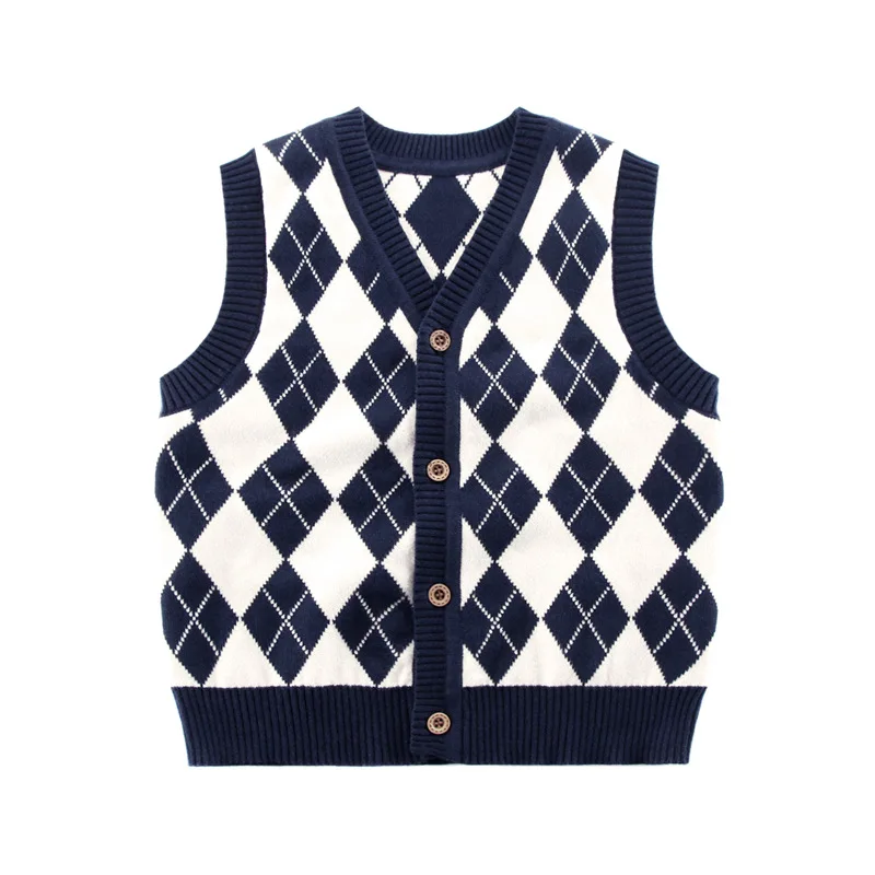 

Teenager Boys Vests Autumn Rhombus Knitting Toddler Kids Boys Waistcoat Single Breasted Button Sleeveless Children Boys Tank Top
