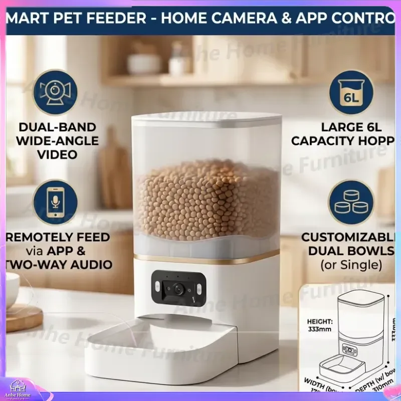 Smart Pet Feeder 6L Large Capacity Automatic Food Dispenser with Adjustable Camera Real Time Monitoring WiFi App Control for