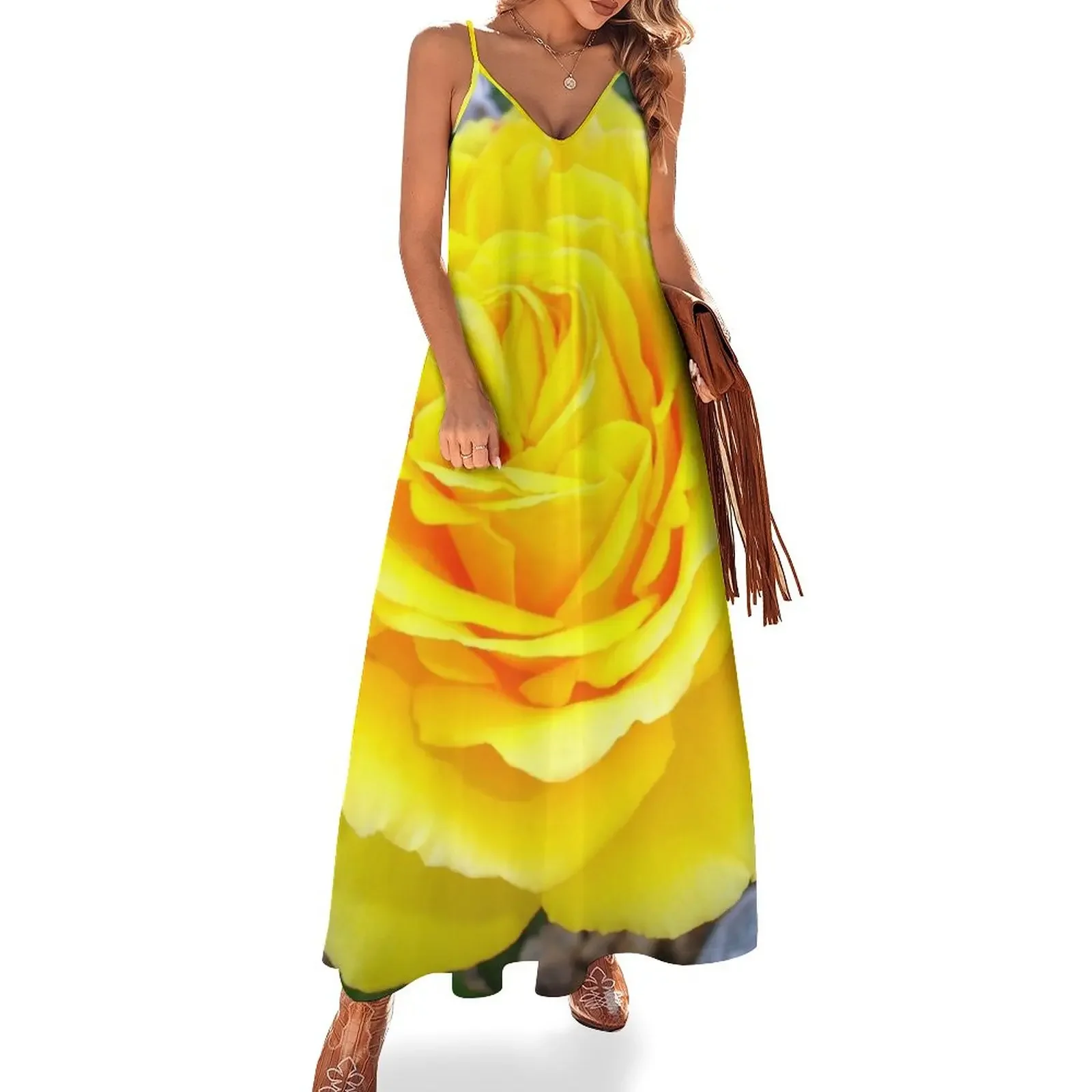 Head On View Of A Yellow Rose With Garden Background Sleeveless Dress sexy short dresses daring womens clothing