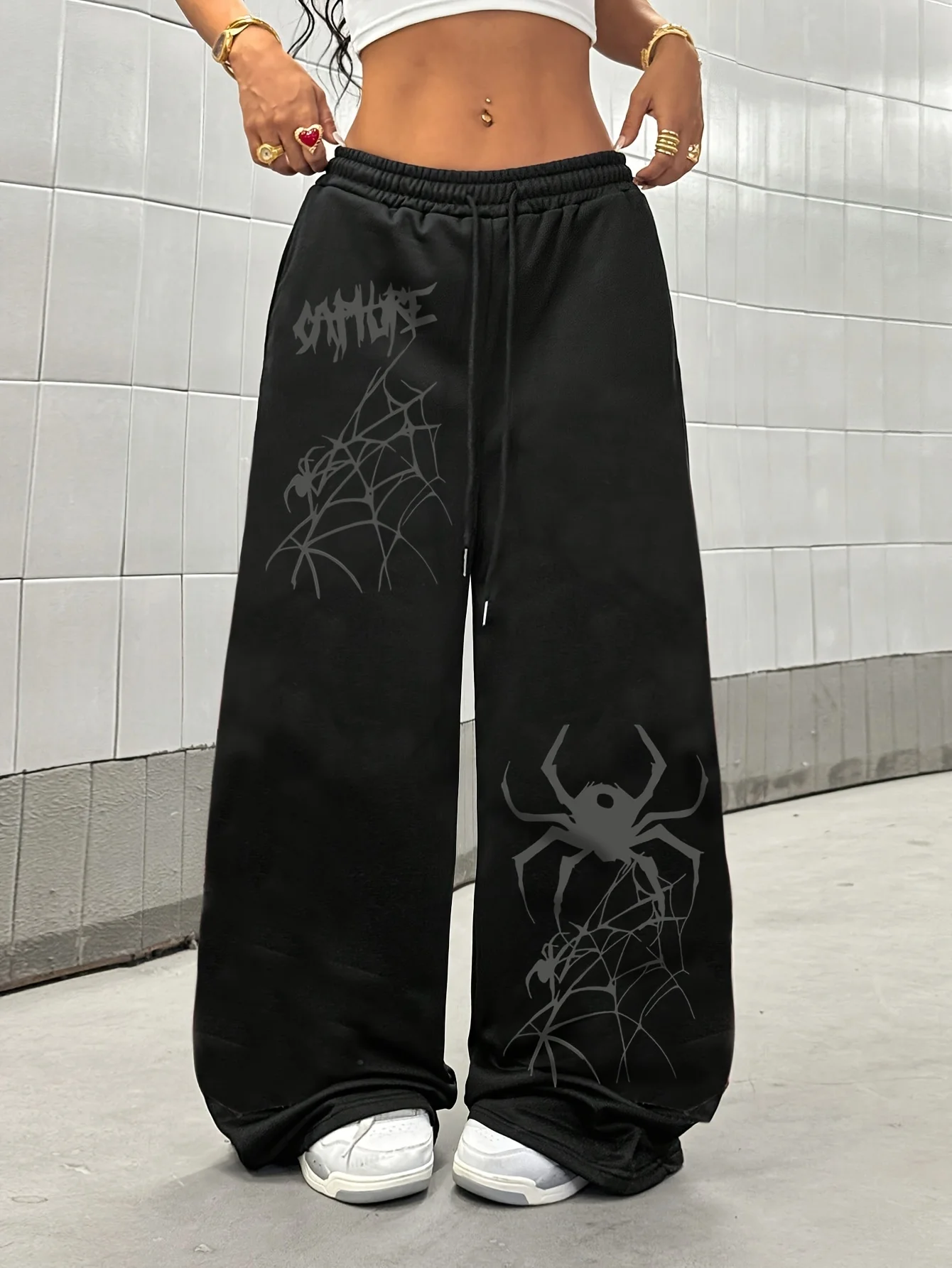 

New Women's Plus Size Spring Spider Web Print Pants Fleece Elastic Waist Straight Leg Sweatpants Fashionable and Versatile