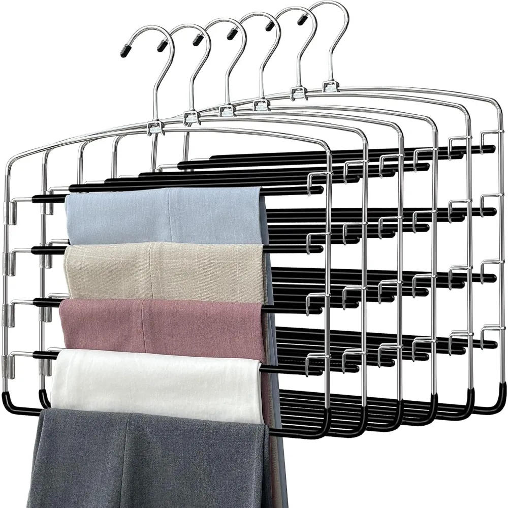 Pants Hangers 6 Pieces,5 Tier Closet Organizers and Storage Clothes Hangers,Hangers Space Saving with Swing Arm