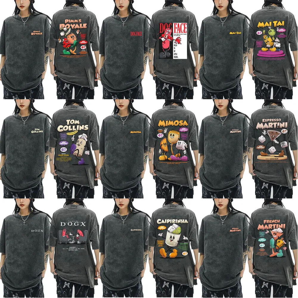 

Washed Vintage Cocktail Lover Funny Meme T-shirt Summer Men Women Fashion Casual Cotton T Shirts Men's Loose Oversized T-shirts