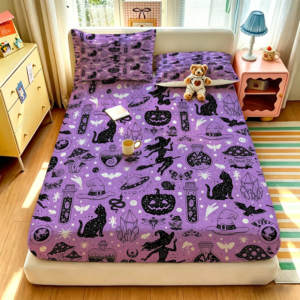 3pcs(1 duvet cover + 2 pillowcases, coreless)purple base and Halloween-themed black patterned fabric available in multiple si