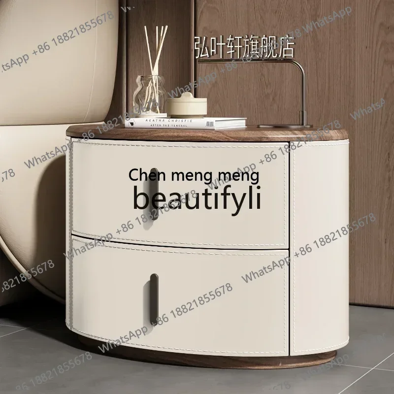Saddle leather solid wood bedside table Modern simple wood grain design Storage box Environmental protection and durability