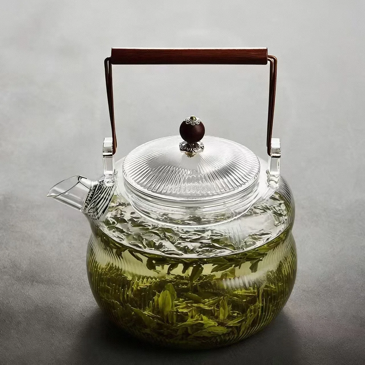 Heat Resistant Borosilicate Glass Teapot with Beam Handle Ribbed Clear Glass Teakettle for Loose Leaf Tea, Stovetop Safe Tea Pot