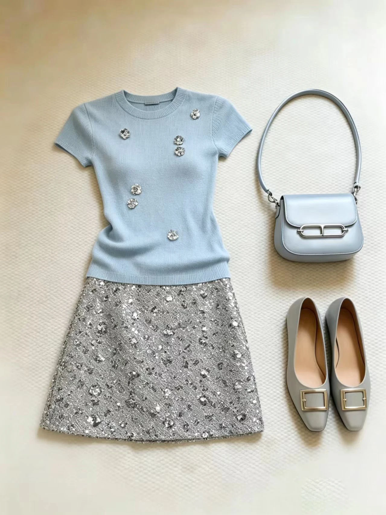 Stunning Beaded A-Line Skirt Set Women's Fashion Summer Outfit High Waist Short Skirt Two-Piece Ensemble Korean Style