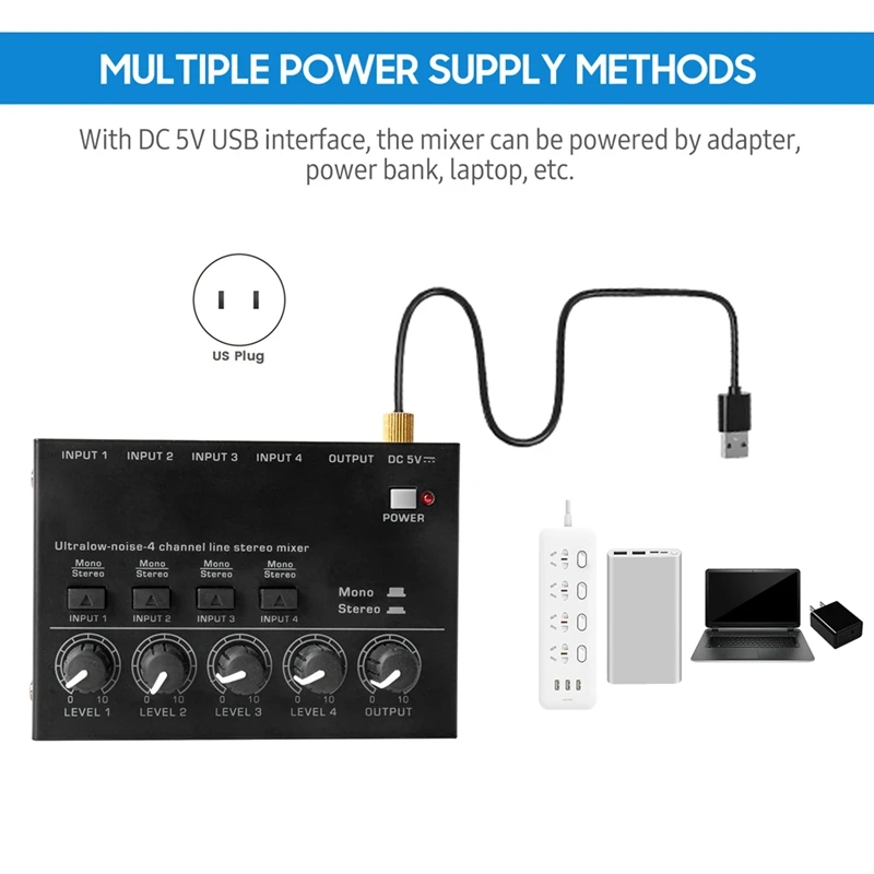 Ultra Low Noise 4 Channel Line Stereo Mixer 4 Input 1 Output DC 5V Portable Mini Audio Mixer Microphone Keyboard