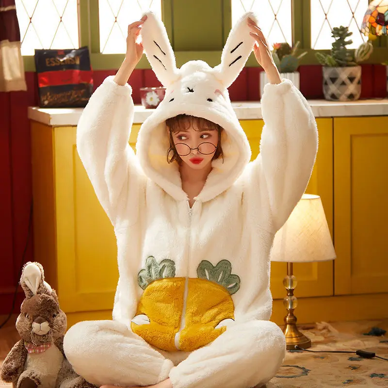 Coral Fleece Jumpsuit Pajamas Cute Cartoon Winter Women Sleepwear Onesies Nightwear Kigurumi Thicken Flannel Female Lounge Wear