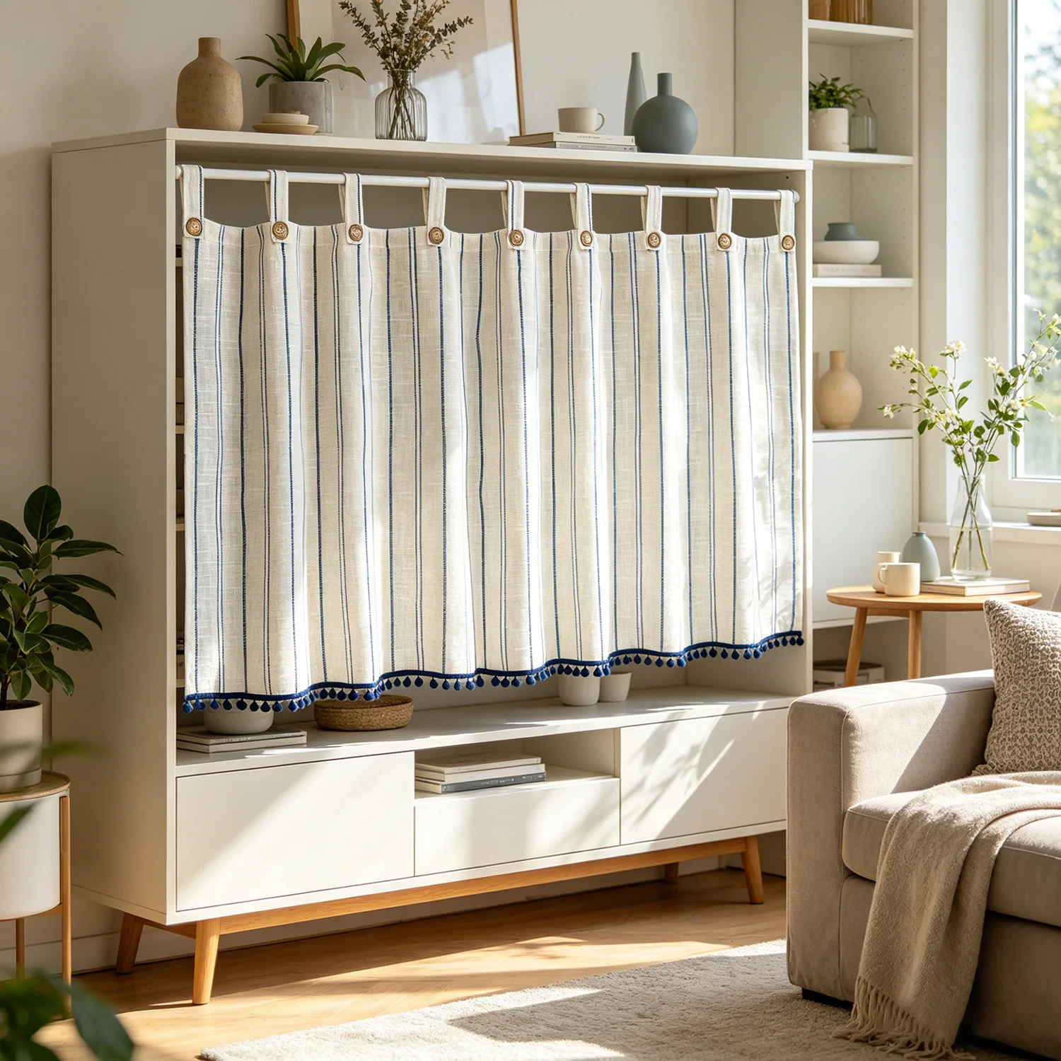 1PC Modern Blue Stripes Short Curtain for Kitchen Cabinet Window Drape With Buttons Decoration Tab Top