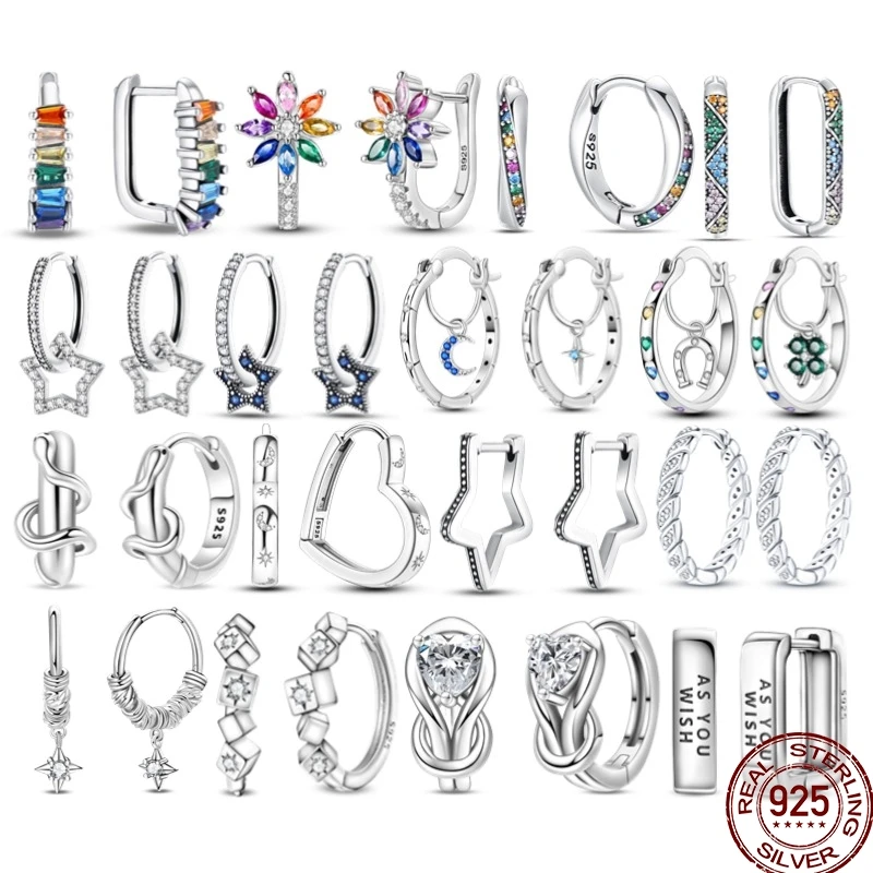 100% 925 Sterling Silver Ear Needle Round Luxury Crystal Hoop Earrings Rainbow Zircon Star Moon Ear Buckle Women's Jewelry Gifts