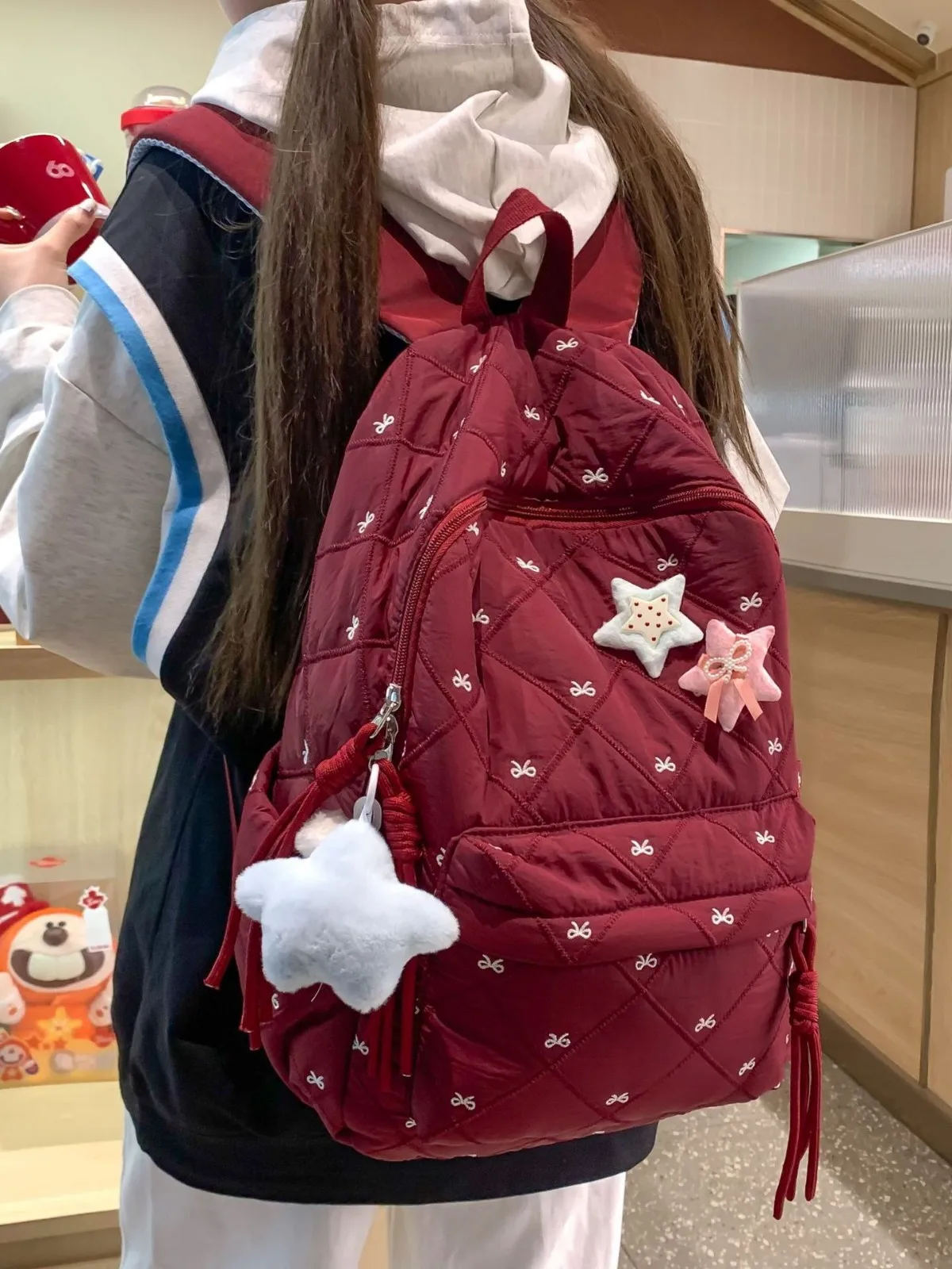 Quilted Diamond Lattice Bow Full Print Backpack Five Colors Available Soft Lightweight Girls Campus Casual Commuter Backpack