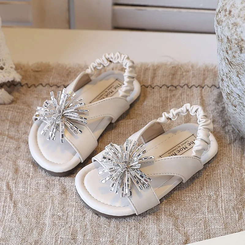 Princess Style Rhinestone Sandals for Girls Summer Beach Shoes Adjustable Strap Anti-Slip Rubber Sole Pure Color Toddler Kids